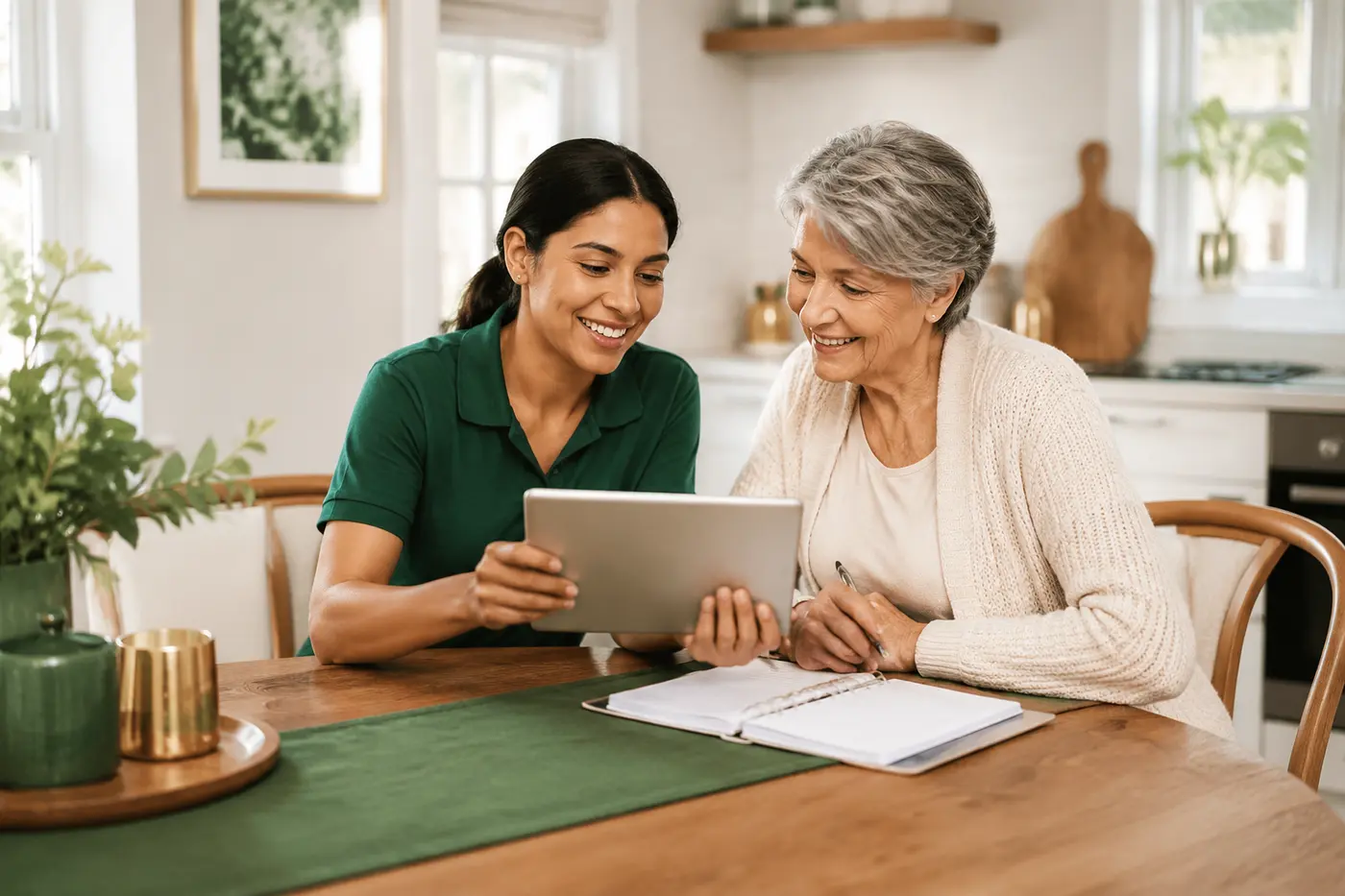 Caregiver reviewing a care plan with an older adult